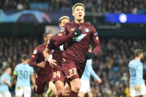 12.12.2018, xmeix, Fussball UEFA Champions League, Manchester City FC - TSG 1899 Hoffenheim, emspor, v.l. Jubel zum 0:1 fuer Hoffenheim durch Andrej Kramaric (TSG 1899 Hoffenheim) mit Joelinton (TSG 1899 Hoffenheim) DFL DFB REGULATIONS PROHIBIT ANY USE OF PHOTOGRAPHS as IMAGE SEQUENCES and or QUASI-VIDEO Manchester