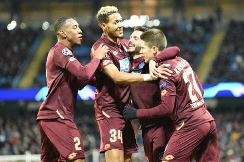 12.12.2018, xmeix, Fussball UEFA Champions League, Manchester City FC - TSG 1899 Hoffenheim, emspor, v.l. Jubel zum 0:1 fuer Hoffenheim durch Andrej Kramaric (TSG 1899 Hoffenheim) mit Joelinton (TSG 1899 Hoffenheim) mit Leonardo Bittencourt (TSG 1899 Hoffenheim), Joshua Brenet (TSG 1899 Hoffenheim) DFL DFB REGULATIONS PROHIBIT ANY USE OF PHOTOGRAPHS as IMAGE SEQUENCES and or QUASI-VIDEO Manchester