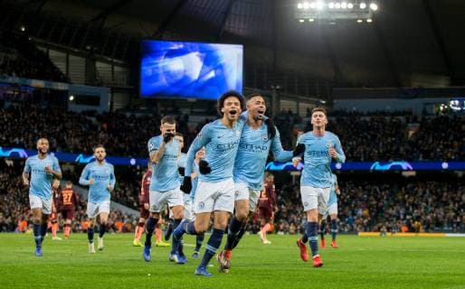 Leroy Sane of Man City celebrates scoring his goal with Gabriel Jesus of Man City during the UEFA Champions League match between Manchester City and TSG 1899 Hoffenheim at the Etihad Stadium, Manchester, England on 12 December 2018. Copyright: xAndyxRowlandx PMI-2472-0001