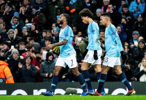 12.12.2018, xfux, Fussball UEFA Champions League, Manchester City FC - TSG 1899 Hoffenheim, emspor, v.l. Raheem Sterling (Manchester City FC), Leroy Sane (Manchester City FC), Gabriel Jesus (Manchester City FC) Torjubel, Goal celebration, celebrate the goal zum 1:1 Manchester