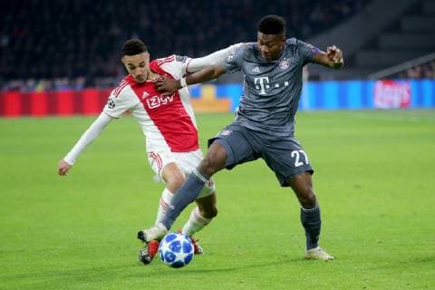 Noussair Mazraoui ( AFC Ajax Amsterdam 12 ) David Alaba (FC Bayern Muenchen 27), Ajax Amsterdam vs FC Bayern Muenchen, Fussball, Champions League Gruppenphase,12.12.2018 Ajax Amsterdam vs FC Bayern Muenchen, Fussball, Champions League Gruppenphase,12.12.2018 Amsterdam Copyright: xLanger Eibner-Pressefotox EP_HLR