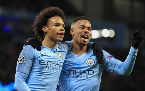 12th December 2018, Etihad Stadium, Manchester, England; UEFA Champions League football, Manchester City versus Hoffenheim; Leroy Sane and Gabriel Jesus of Manchester City celebrate Sane s equalising goal in the 45th minute making the score 1-1  ActionPlus12087240 ConorxMolloy