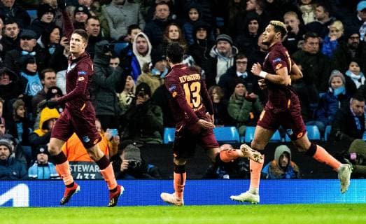 12.12.2018, xfux, Fussball UEFA Champions League, Manchester City FC - TSG 1899 Hoffenheim, emspor, v.l. Andrej Kramaric (TSG 1899 Hoffenheim), Leonardo Bittencourt (TSG 1899 Hoffenheim), Joelinton (TSG 1899 Hoffenheim) Torjubel, Goal celebration, celebrate the goal zum 0:1 Manchester