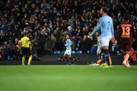 12.12.2018, xmeix, Fussball UEFA Champions League, Manchester City FC - TSG 1899 Hoffenheim, emspor, v.l. Jubel von Leroy Sane (Manchester City) fuer sein 2:1 fuer Manchester DFL DFB REGULATIONS PROHIBIT ANY USE OF PHOTOGRAPHS as IMAGE SEQUENCES and or QUASI-VIDEO Manchester