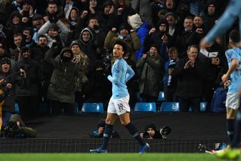 12.12.2018, xmeix, Fussball UEFA Champions League, Manchester City FC - TSG 1899 Hoffenheim, emspor, v.l. Jubel von Leroy Sane (Manchester City) fuer sein 2:1 fuer Manchester DFL DFB REGULATIONS PROHIBIT ANY USE OF PHOTOGRAPHS as IMAGE SEQUENCES and or QUASI-VIDEO Manchester