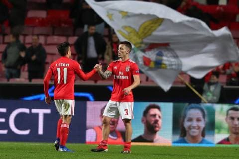December 12, 2018 - Lisbon, Portugal - Benfica s Spanish defender Alejandro Grimaldo (R ) celebrates the victory (1-0) with Argentine forward Franco Cervi after the UEFA Champions League Group E football match SL Benfica vs AEK Athens FC at the Luz stadium in Lisbon, Portugal on December 12, 2018 SL Benfica v AEK Athens - UEFA Champions League Group E  - ZUMAn230 20181212_zaa_n230_341 Copyright: xPedroxFiuzax