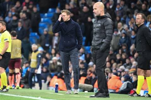 12.12.2018, xmeix, Fussball UEFA Champions League, Manchester City FC - TSG 1899 Hoffenheim, emspor, v.l. Hoffenheims Trainer Julian Nagelsmann (TSG 1899 Hoffenheim), Trainer Pep Guardiola (Manchester City) DFL DFB REGULATIONS PROHIBIT ANY USE OF PHOTOGRAPHS as IMAGE SEQUENCES and or QUASI-VIDEO Manchester