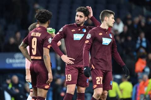 12.12.2018, xmeix, Fussball UEFA Champions League, Manchester City FC - TSG 1899 Hoffenheim, emspor, v.l. Reiss Nelson (TSG 1899 Hoffennheim), Ishak Belfodil (TSG 1899 Hoffenheim) , Andrej Kramaric (TSG 1899 Hoffenheim) DFL DFB REGULATIONS PROHIBIT ANY USE OF PHOTOGRAPHS as IMAGE SEQUENCES and or QUASI-VIDEO Manchester