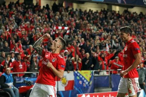 December 12, 2018 - Lisbon, Portugal - lex Grimaldo of SL Benfica celebrates with teammates after scoring during the UEFA Champions League 2018 19 football match between SL Benfica vs AEK Athens F.C. SL Benfica vs AEK Athens FC in Lisbon, Portugal - 12 Dec 2018 - ZUMAs197 87573559st Copyright: xDavidxMartinsx