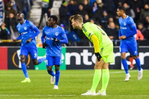 181213 Patrick Mortensen of Sarpsborg 08 looks dejected after 1-0 during the Europa League group stage match between Genk and Sarpsborg 08 on December 13, 2018 in Genk. Photo: Fredrik Varfjell BILDBYRN kod FV 150187 Copyright: FREDRIKxVARFJELL BB181213FV013