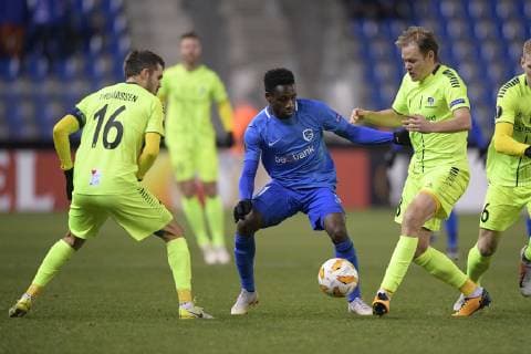 Sarpsborg s Joachim Thomassen, Genk s Joseph Paintsil and Sarpsborg s Matti Lund Nielsen fight for the ball during a game of Belgian soccer team KRC Racing Genk against Norwegian Sarpsborg 08 FF, in Genk, Thursday 13 December 2018, on day six of the Europa League group stage in group I. YORICKxJANSENS  x05489479x