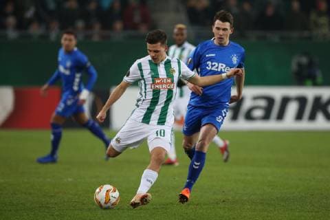 Fußball, EL, Rapid Wien - Glasgow Rangers SOCCER - UEFA EL, Rapid vs Rangers VIENNA,AUSTRIA,13.DEC.18 - SOCCER - UEFA Europa League, group stage, SK Rapid Wien vs Glasgow Rangers. Image shows Thomas Murg (Rapid) and Ryan Jack (Rangers). Keywords: Wien Energie. GEPAxpictures xMarioxKneisl