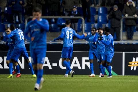 Genk s players celebrate after scoring during a game of Belgian soccer team KRC Racing Genk against Norwegian Sarpsborg 08 FF, in Genk, Thursday 13 December 2018, on day six of the Europa League group stage in group I. JASPERxJACOBS  x05489489x