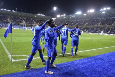 Genk s Joseph Paintsil celebrates after scoring during a game of Belgian soccer team KRC Racing Genk against Norwegian Sarpsborg 08 FF, in Genk, Thursday 13 December 2018, on day six of the Europa League group stage in group I. YORICKxJANSENS  x05489492x