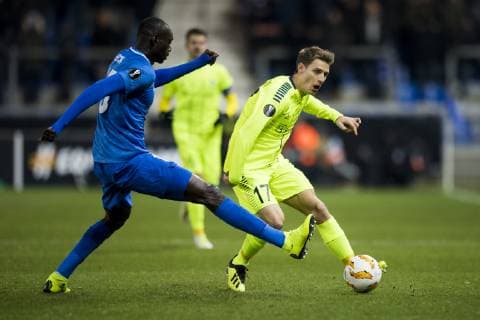 Genk s Ibrahima Seck and Sarpsborg s Kristoffer Zachariassen fight for the ball during a game of Belgian soccer team KRC Racing Genk against Norwegian Sarpsborg 08 FF, in Genk, Thursday 13 December 2018, on day six of the Europa League group stage in group I. JASPERxJACOBS  x05489499x