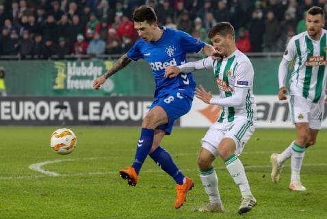 SOCCER - UEFA EL, Rapid vs Rangers VIENNA,AUSTRIA,13.DEC.18 - SOCCER - UEFA Europa League, group stage, SK Rapid Wien vs Glasgow Rangers. Image shows Ryan Jack (Rangers) and Stephan Auer (Rapid). Keywords: Wien Energie. GEPAxpictures xMarioxKneisl