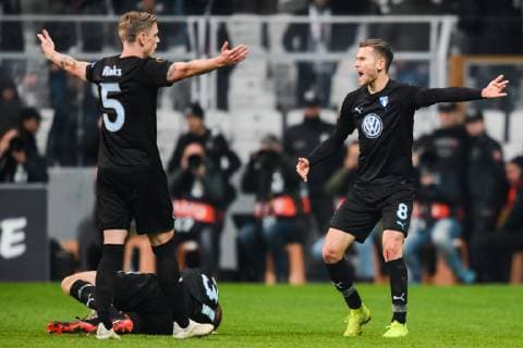 181213 Arn?r Ingvi Traustason and Sören Rieks of Malmö FF reacts during the Europa league match between Besiktas and Malmö FF on December 13, 2018 in Istanbul. Photo: Petter Arvidson BILDBYRN kod PA 92175 Copyright: PETTERxARVIDSON BB181213PA052