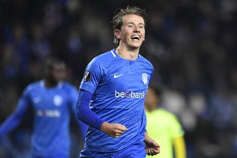 Genk s Sander Berge celebrates after scoring at a game of Belgian soccer team KRC Racing Genk against Norwegian Sarpsborg 08 FF, in Genk, Thursday 13 December 2018, on day six of the Europa League group stage in group I. JASPERxJACOBS  x05489555x