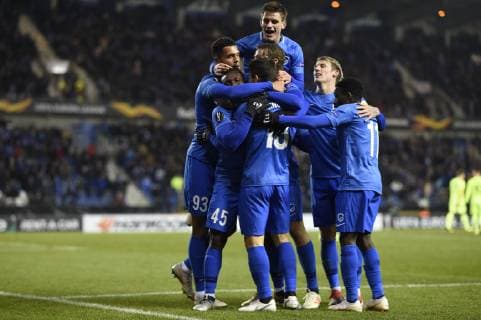 Genk s Sander Berge celebrates after scoring with team-mates at a game of Belgian soccer team KRC Racing Genk against Norwegian Sarpsborg 08 FF, in Genk, Thursday 13 December 2018, on day six of the Europa League group stage in group I. JASPERxJACOBS  x05489561x