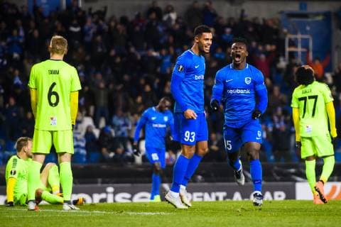 181213 Joseph Aidoo of Genk celebrates after 4-0 during the Europa League group stage match between Genk and Sarpsborg 08 on December 13, 2018 in Genk. Photo: Fredrik Varfjell BILDBYRN kod FV 150187 Copyright: FREDRIKxVARFJELL BB181213FV034