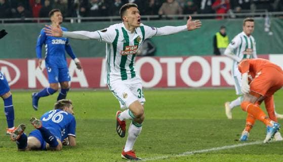SOCCER - UEFA EL, Rapid vs Rangers VIENNA,AUSTRIA,13.DEC.18 - SOCCER - UEFA Europa League, group stage, SK Rapid Wien vs Glasgow Rangers. Image shows the rejoicing of Dejan Ljubicic (Rapid). Keywords: Wien Energie. GEPAxpictures xMarioxKneisl
