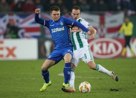 SOCCER - UEFA EL, Rapid vs Rangers VIENNA,AUSTRIA,13.DEC.18 - SOCCER - UEFA Europa League, group stage, SK Rapid Wien vs Glasgow Rangers. Image shows Glenn Middlton (Rangers) and Veton Berisha (Rapid). Keywords: Wien Energie. GEPAxpictures xMarioxKneisl