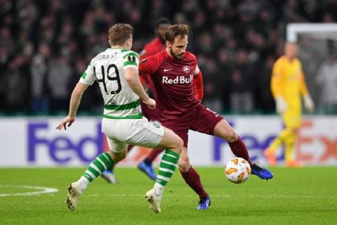SOCCER - UEFA EL, Celtic vs RBS GLASGOW,SCOTLAND,13.DEC.18 - SOCCER - UEFA Europa League, group stage, Celtic Glasgow vs Red Bull Salzburg. Image shows James Forrest (Celtic) and Andreas Ulmer (RBS). GEPAxpictures xFlorianxErtl