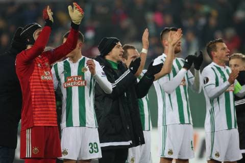 SOCCER - UEFA EL, Rapid vs Rangers VIENNA,AUSTRIA,13.DEC.18 - SOCCER - UEFA Europa League, group stage, SK Rapid Wien vs Glasgow Rangers. Image shows the rejoicing of Rapid. Keywords: Wien Energie. GEPAxpictures xMarioxKneisl