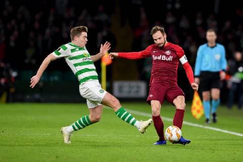 SOCCER - UEFA EL, Celtic vs RBS GLASGOW,SCOTLAND,13.DEC.18 - SOCCER - UEFA Europa League, group stage, Celtic Glasgow vs Red Bull Salzburg. Image shows James Forrest (Celtic) and Andreas Ulmer (RBS). GEPAxpictures xFlorianxErtl