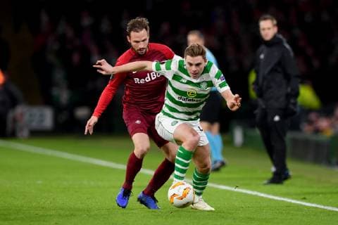 SOCCER - UEFA EL, Celtic vs RBS GLASGOW,SCOTLAND,13.DEC.18 - SOCCER - UEFA Europa League, group stage, Celtic Glasgow vs Red Bull Salzburg. Image shows Andreas Ulmer (RBS) and James Forrest (Celtic). GEPAxpictures xFlorianxErtl