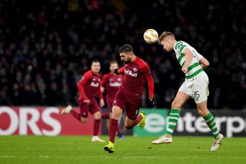 SOCCER - UEFA EL, Celtic vs RBS GLASGOW,SCOTLAND,13.DEC.18 - SOCCER - UEFA Europa League, group stage, Celtic Glasgow vs Red Bull Salzburg. Image shows Munas Dabbur (RBS) and Kristoffer Ajer (Celtic). GEPAxpictures xFlorianxErtl