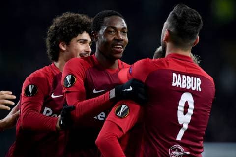 SOCCER - UEFA EL, Celtic vs RBS GLASGOW,SCOTLAND,13.DEC.18 - SOCCER - UEFA Europa League, group stage, Celtic Glasgow vs Red Bull Salzburg. Image shows the rejoicing of Andre Ramalho, Enock Mwepu, Fredrik Gulbrandsen and Munas Dabbur (RBS). GEPAxpictures xFlorianxErtl