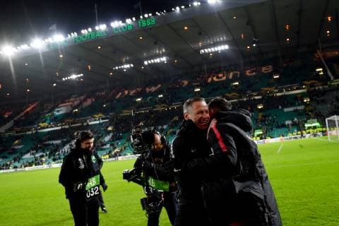 SOCCER - UEFA EL, Celtic vs RBS GLASGOW,SCOTLAND,13.DEC.18 - SOCCER - UEFA Europa League, group stage, Celtic Glasgow vs Red Bull Salzburg. Image shows the rejoicing of Stefan Reiter and Munas Dabbur (RBS). GEPAxpictures xFlorianxErtl