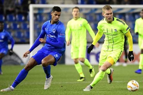 GENK, BELGIUM - DECEMBER 13 : Zinho Gano forward of Genk battles for the ball with Joonas Tamm of Sarpsborg during the Europa League game between KRC Genk and Sarpsborg 08 FF on December 13, 2018 in Genk, Belgium, 13 12 2018 FOOTBALL : Ligue Europa - Genk vs Sarpsborg - 13 12 2018 PhotoNews panoramic 