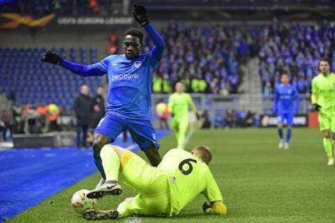 GENK, BELGIUM - DECEMBER 13 : Joseph Paintsil forward of Genk battles for the ball with Joonas Tamm of Sarpsborg during the Europa League game between KRC Genk and Sarpsborg 08 FF on December 13, 2018 in Genk, Belgium, 13 12 2018 FOOTBALL : Ligue Europa - Genk vs Sarpsborg - 13 12 2018 PhotoNews panoramic 