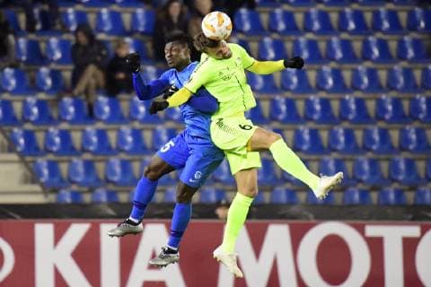 GENK, BELGIUM - DECEMBER 13 : Joseph Aidoo defender of Genk battles for the ball with Joonas Tamm of Sarpsborg during the Europa League game between KRC Genk and Sarpsborg 08 FF on December 13, 2018 in Genk, Belgium, 13 12 2018 FOOTBALL : Ligue Europa - Genk vs Sarpsborg - 13 12 2018 PhotoNews panoramic 