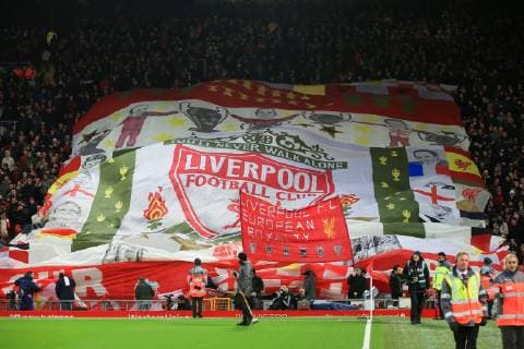16th December 2018, Anfield, Liverpool, England; EPL Premier League football, Liverpool versus Manchester United ManU Liverpool fans on the Kop display their giant banner as the teams prepare to kick off  ActionPlus12088528 DavidxBlunsden