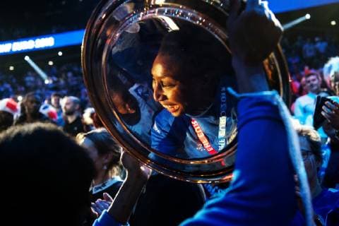 Handball, EM Damen, Frankreich ist Europameister 181216 The reflection of Siraba Dembele Pavlovic of France is seen in the trophy as she celebrates after winning the EHF European Women?s Handball Championship final match between Russia and France on December 16, 2018 in Paris. Photo: Jon Olav Nesvold BILDBYRAN kod JE 160386 Copyright: JONxOLAVxNESVOLD BB181216JE089