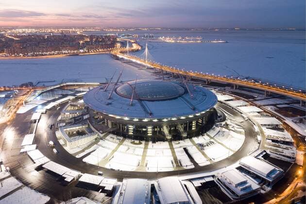 ST PETERSBURG, RUSSIA - DECEMBER 17, 2018: An aerial view of Gazprom Arena, formerly known as Saint Petersburg Stadium, the home stadium of FC Zenit St Petersburg, on Krestovsky Island. Anton Vaganov TASS  TS09B713