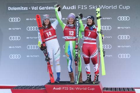 ALPINE SKIING - FIS WC Val Gardena VAL GARDENA,ITALY,18.DEC.18 - ALPINE SKIING - FIS World Cup, downhill, ladies, award ceremony. Image shows Nicol Delgado (ITA), Ilka Stuhec (SLO) and Ramona Siebenhofer (AUT). Keywords: Stoeckli. GEPAxpictures xChristianxWalgram