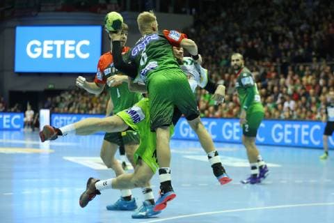 19.12.2018, xcsx, Handball DHB Pokal, SC Magdeburg - Frisch Auf! Goeppingen emspor, v.l. Matthias Musche (SC Magdeburg) gegen Jacob Bagersted (Frisch Auf! Göppingen), Zweikampf, battle for the ball (DFL DFB REGULATIONS PROHIBIT ANY USE OF PHOTOGRAPHS as IMAGE SEQUENCES and or QUASI-VIDEO) Magdeburg
