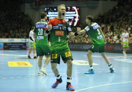 19.12.2018, xcsx, Handball DHB Pokal, SC Magdeburg - Frisch Auf! Goeppingen emspor, v.l. Matthias Musche (SC Magdeburg) jubelt nach Torerfolg, Emotion, Jubel, emotional (DFL DFB REGULATIONS PROHIBIT ANY USE OF PHOTOGRAPHS as IMAGE SEQUENCES and or QUASI-VIDEO) Magdeburg