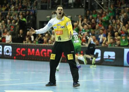 19.12.2018, xcsx, Handball DHB Pokal, SC Magdeburg - Frisch Auf! Goeppingen emspor, v.l. Jannick Green Kreyberg (SC Magdeburg) jubelt nach Parade, Jubel, Emotion (DFL DFB REGULATIONS PROHIBIT ANY USE OF PHOTOGRAPHS as IMAGE SEQUENCES and or QUASI-VIDEO) Magdeburg