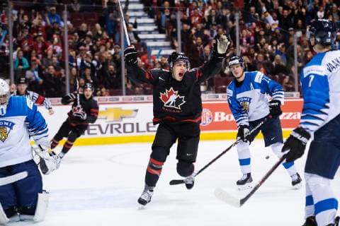 181223 Maxime Comtois of Canada celebrates after Morgan Frost (not pictured) scored the 1-1 goal during the U20 Ice hockey Eishockey game between Finland and Canada on December 23, 2018 in Vancouver. Photo: Joel Marklund BILDBYRN kod JM 87821 Copyright: JOELxMARKLUND BB181223JM007