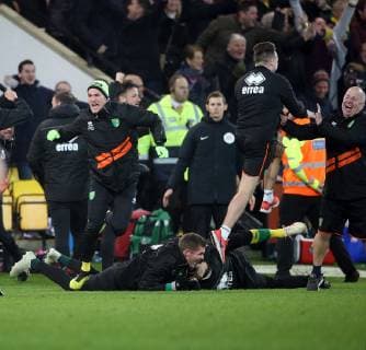 Norwich City v Nottingham Forest Sky Bet Championship The Norwich bench celebrate their side?s 3rd goal on the pitch during the Sky Bet Championship match at Carrow Road, Norwich Content Not Available For UK Newspapers Copyright: xPaulxChestertonx FIL-12733-0037
