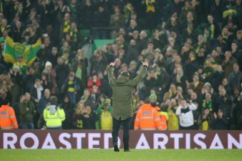 Norwich City v Nottingham Forest Sky Bet Championship Norwich Head Coach Daniel Farke celebrates his side?s hard earned point with the home fans at the end of the Sky Bet Championship match at Carrow Road, Norwich Content Not Available For UK Newspapers Copyright: xPaulxChestertonx FIL-12733-0052