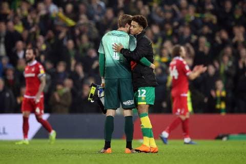 Norwich City v Nottingham Forest Sky Bet Championship Tim Krul of Norwich and Jamal Lewis of Norwich at the end of the Sky Bet Championship match at Carrow Road, Norwich Content Not Available For UK Newspapers Copyright: xPaulxChestertonx FIL-12733-0063