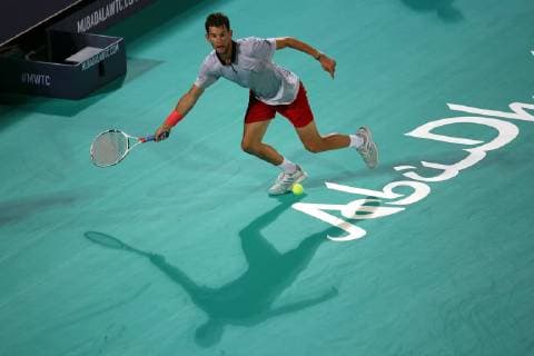 (181228) -- ABU DHABI, Dec. 28, 2018 (Xinhua) -- Dominic Thiem of Austria competes during his match against Karen Khachanov of Russia at the 2018 Mubadala World Tennis Championship in Abu Dhabi, the United Arab Emirates (UAE), on Dec. 27, 2018. Dominic Thiem lost 0-2. (Xinhua Mahmoud Khaled) (SP)UAE-ABU DHABI-TENNIS-MUBADALA WORLD TENNIS CHAMPIONSHIP 