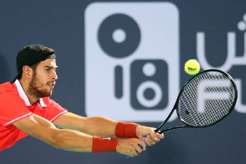 (181228) -- ABU DHABI, Dec. 28, 2018 (Xinhua) -- Karen Khachanov of Russia competes during his match against Dominic Thiem of Austria at the 2018 Mubadala World Tennis Championship in Abu Dhabi, the United Arab Emirates (UAE), on Dec. 27, 2018. Karen Khachanov won 2-0. (Xinhua Mahmoud Khaled) (SP)UAE-ABU DHABI-TENNIS-MUBADALA WORLD TENNIS CHAMPIONSHIP 