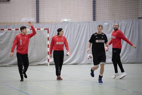 Maalvogter Niklas Landin, Jannick Green, Simon Hald og Henrik Moellgaard. Det danske herrelandshold traener forud for haandbold VM i Nordvest Hallen i Herning, fredag den 28. december 2018. , Herning Denmark Copyright: BoxAmstrup BoxAmstrupx cop103 spdk20181228-183515-L